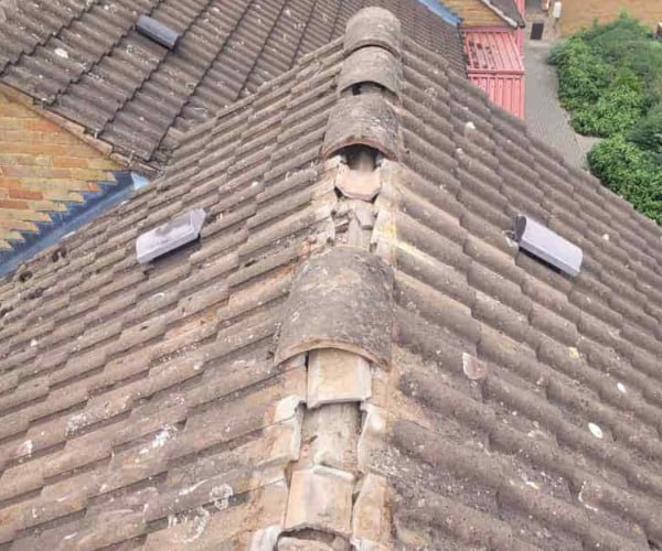 This is a photo if a roof ridge which has missing tiles. The ridge tiles are being replaced by DHT Roofing Cudworth